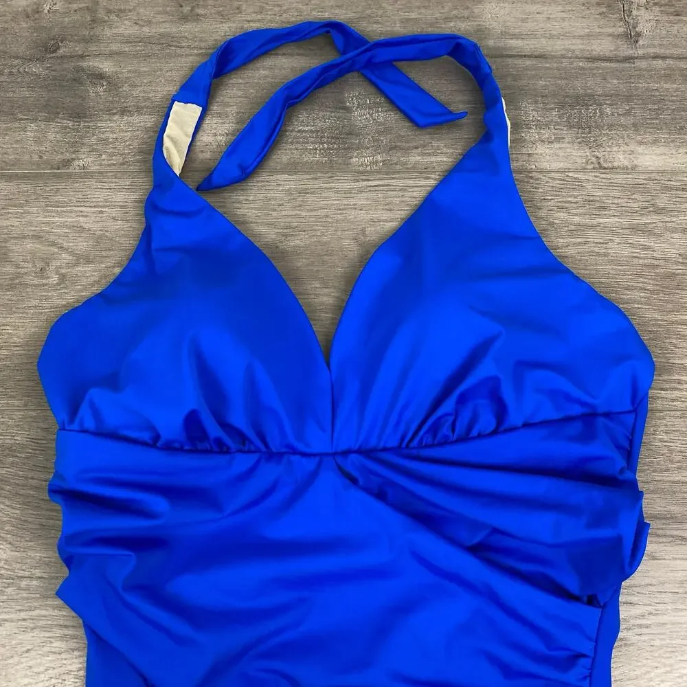Swimsuits For All Blue Ruched Neck Tie One Piece Swimsuit Sz.14 NWT